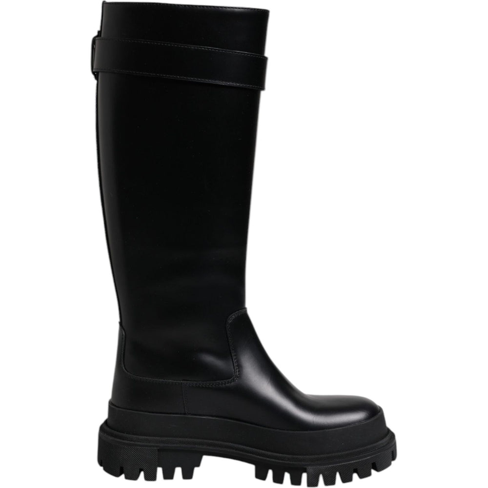 Dolce & Gabbana Black DG Logo Calf Leather High Boots Shoes