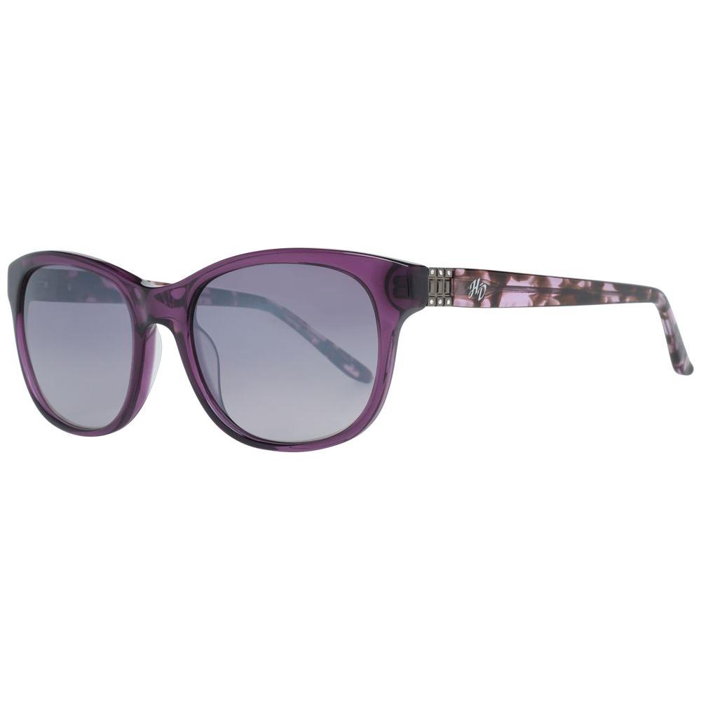 Harley-Davidson women's purple butterfly sunglasses with grey gradient lenses, full-rim plastic frame, 100% UVA & UVB protection.