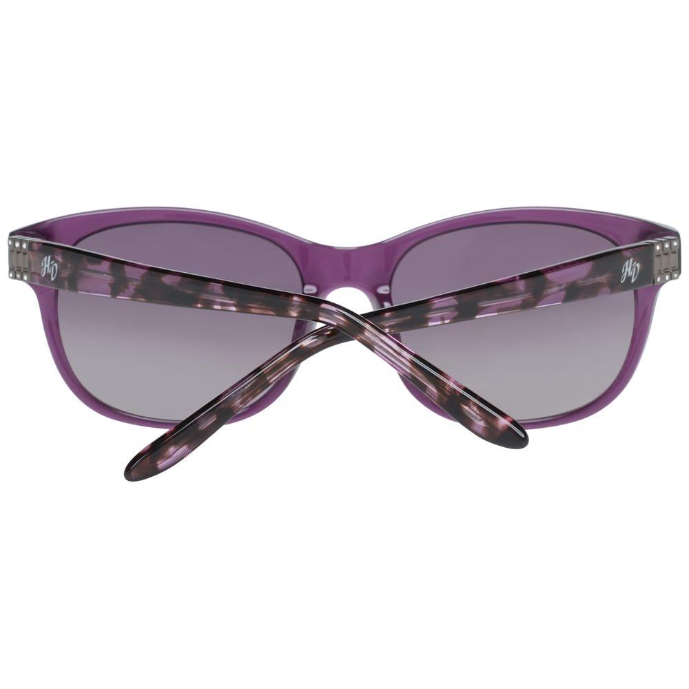 Harley-Davidson purple women sunglasses with butterfly style, gradient grey lenses, and full-rim plastic frame offering 100% UVA & UVB protection.