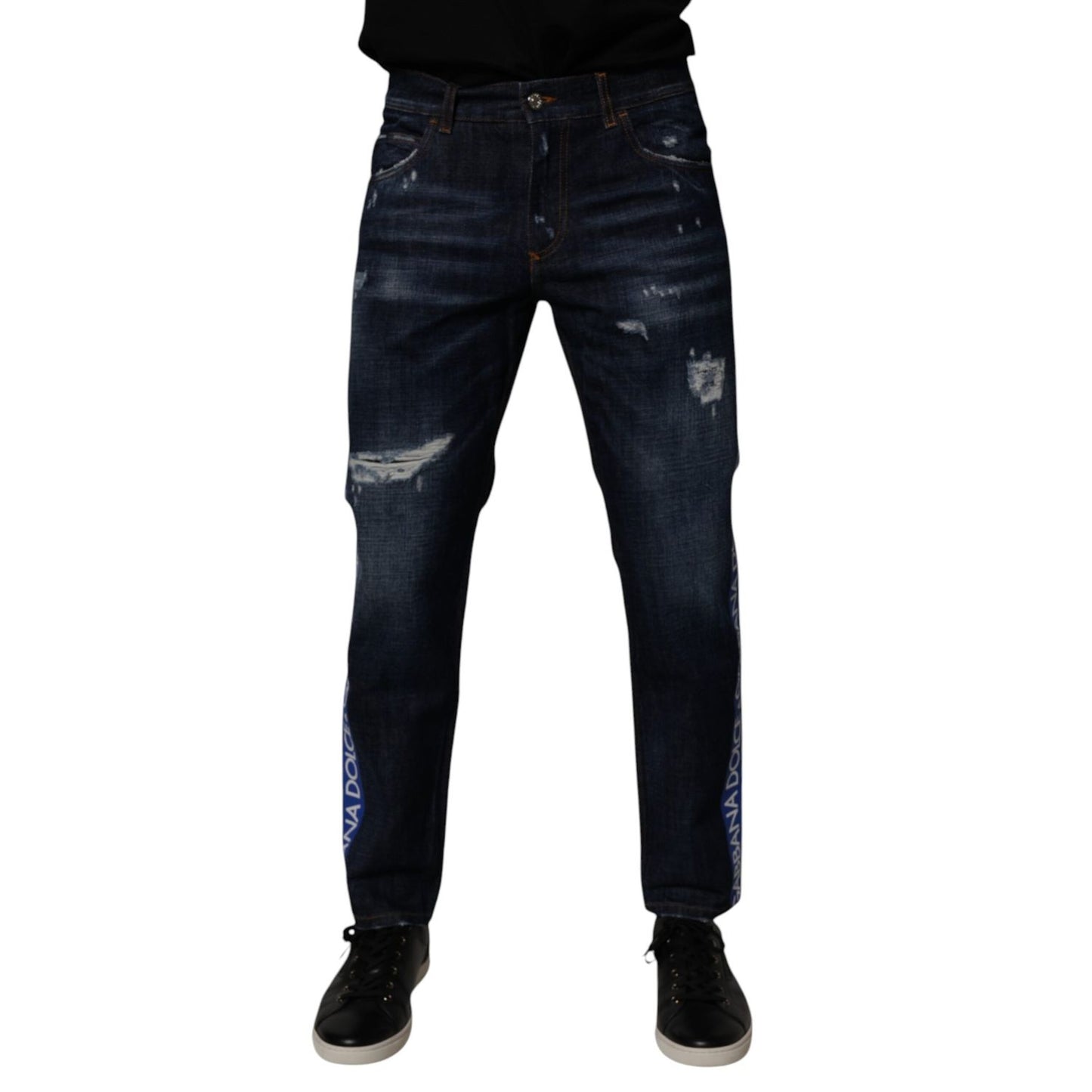 Dolce & Gabbana Dark Blue Cotton Tattered Skinny Denim Jeans PAN75030-48