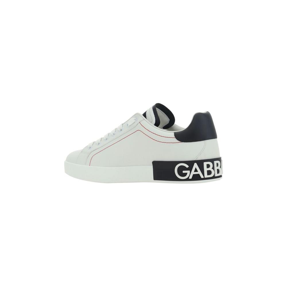 Dolce & Gabbana calfskin sneakers with lace-up closure, raised sole, and GABBANA embossed on heel; side profile view