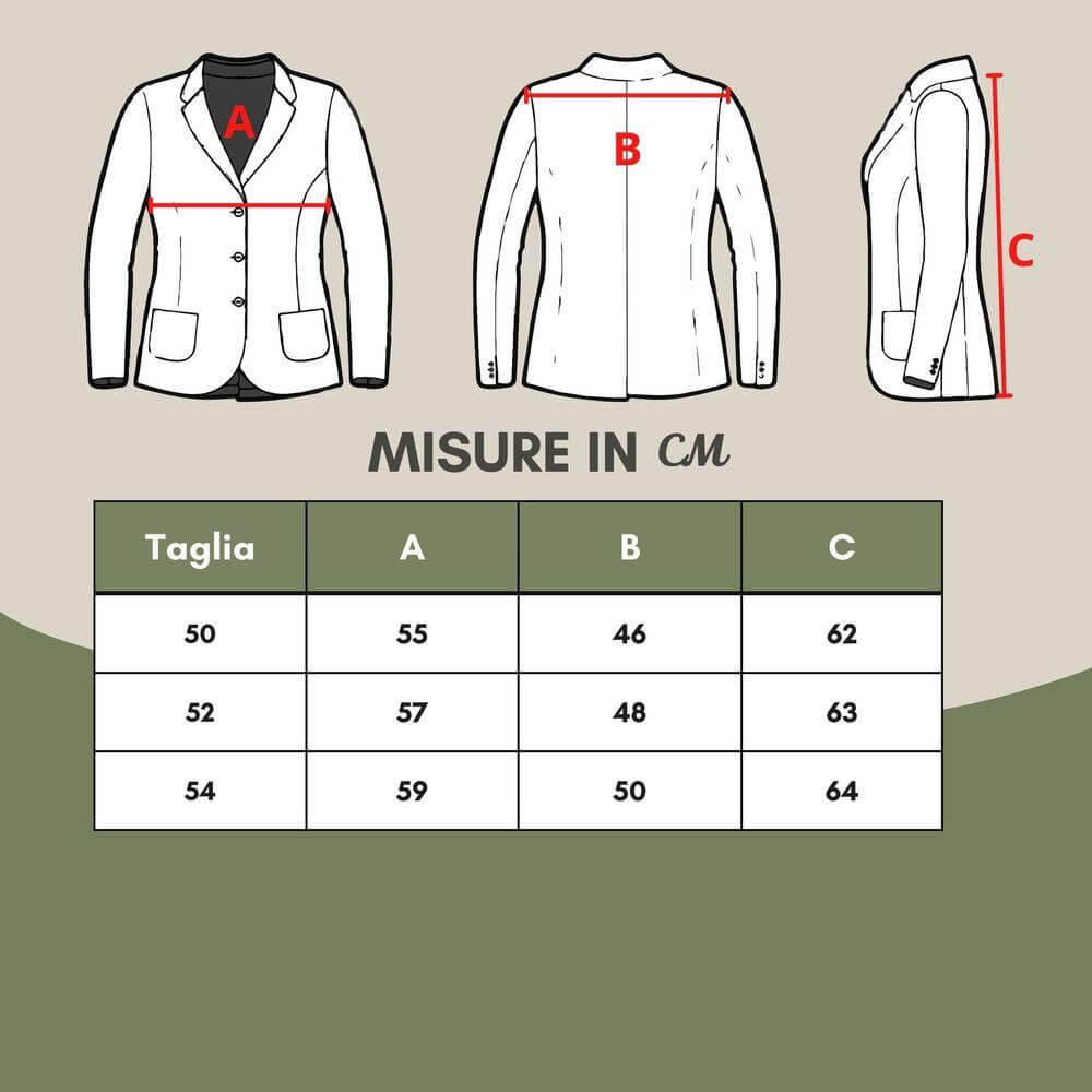 Size chart with jacket illustrations showing measurements in centimeters. Includes sizes 50, 52, 54 with measurements A, B, C.