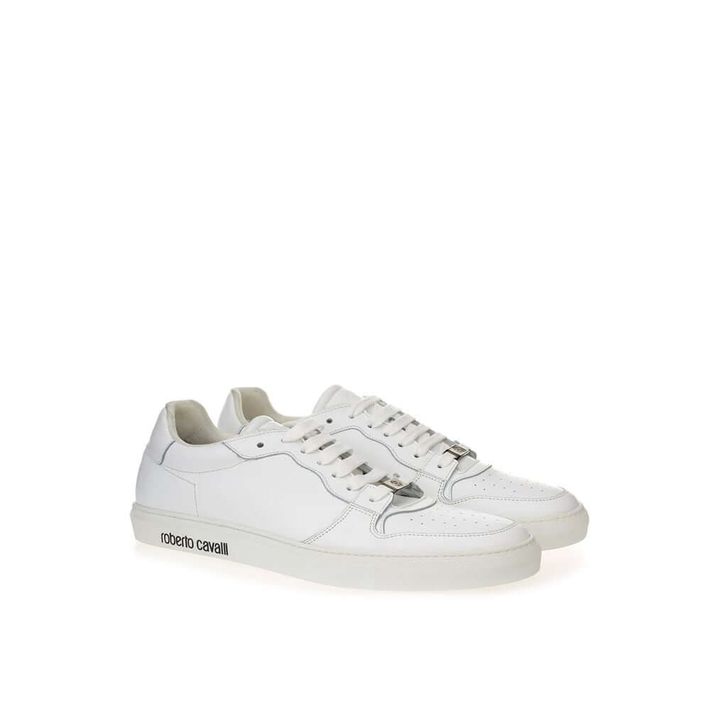 Roberto Cavalli white leather sneakers, luxurious footwear, high-quality Italian design, perfect for casual wear, side view.