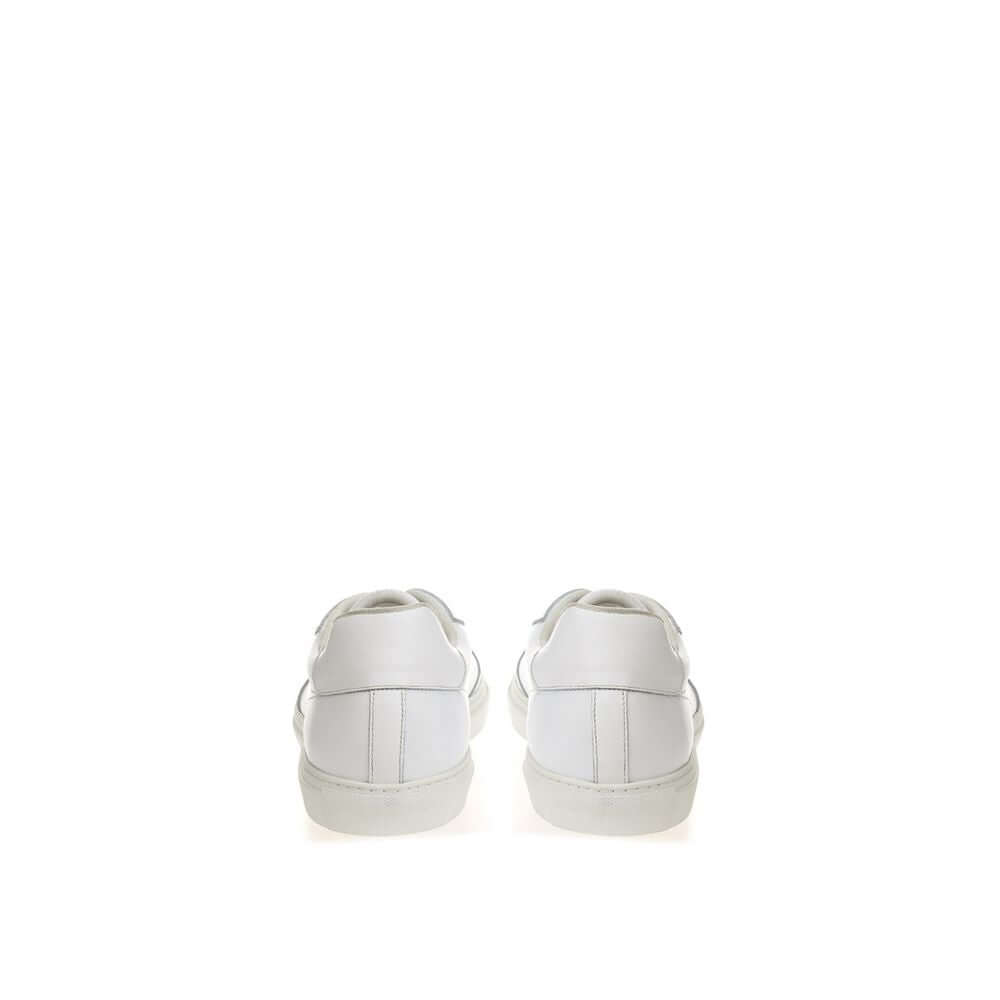 Rear view of Roberto Cavalli white leather sneakers showcasing sleek design and luxurious craftsmanship.