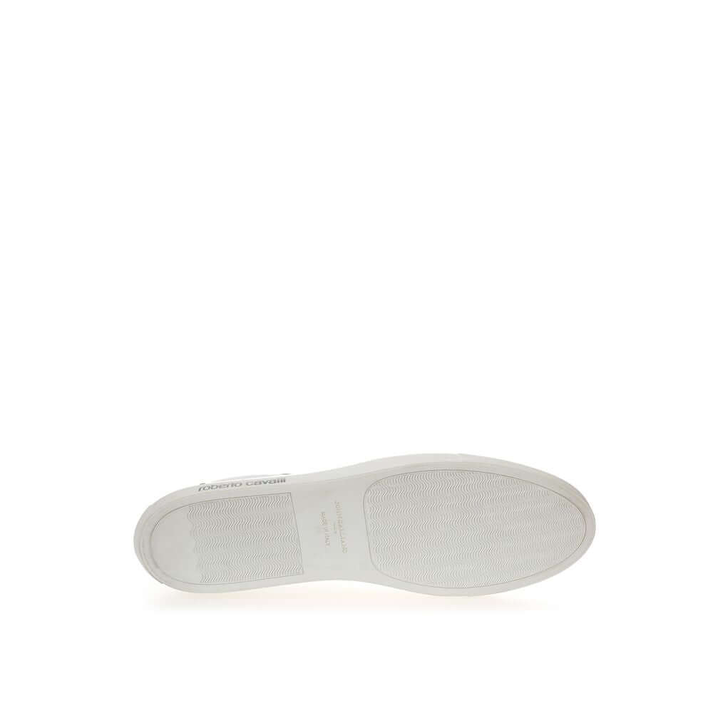 Sole view of Roberto Cavalli white leather sneaker showcasing brand logo and designer craftsmanship.