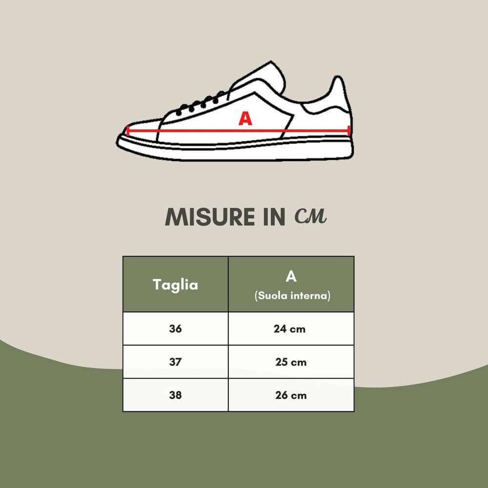 Size chart in cm for white sneakers, showing internal sole measurements for sizes 36, 37, and 38.