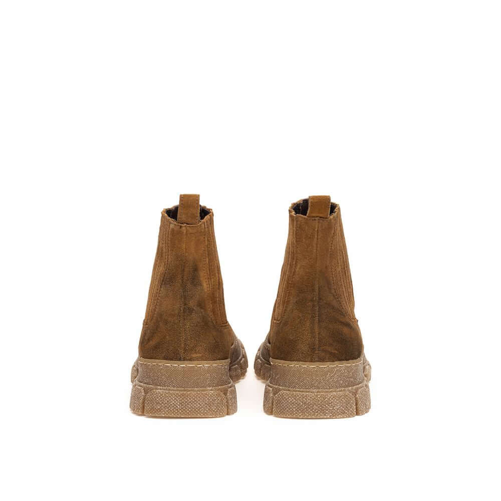 Back view of Max Mara brown suede boots with dirty effect, beige lugged sole, elastic sides, and embossed logo on heel.