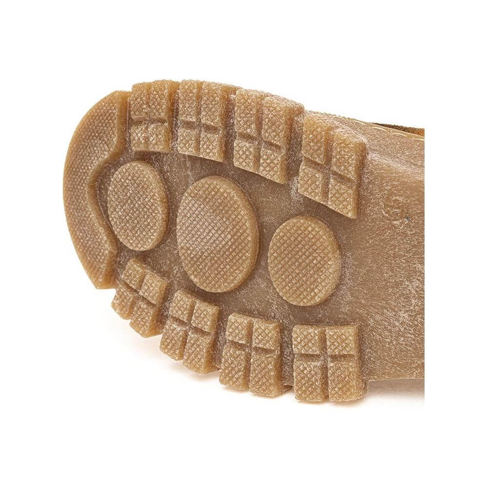 Close-up of beige lugged sole on Max Mara Genepi Suede Boots in tobacco, featuring 'Dirty' effect and embossed logo on the side.
