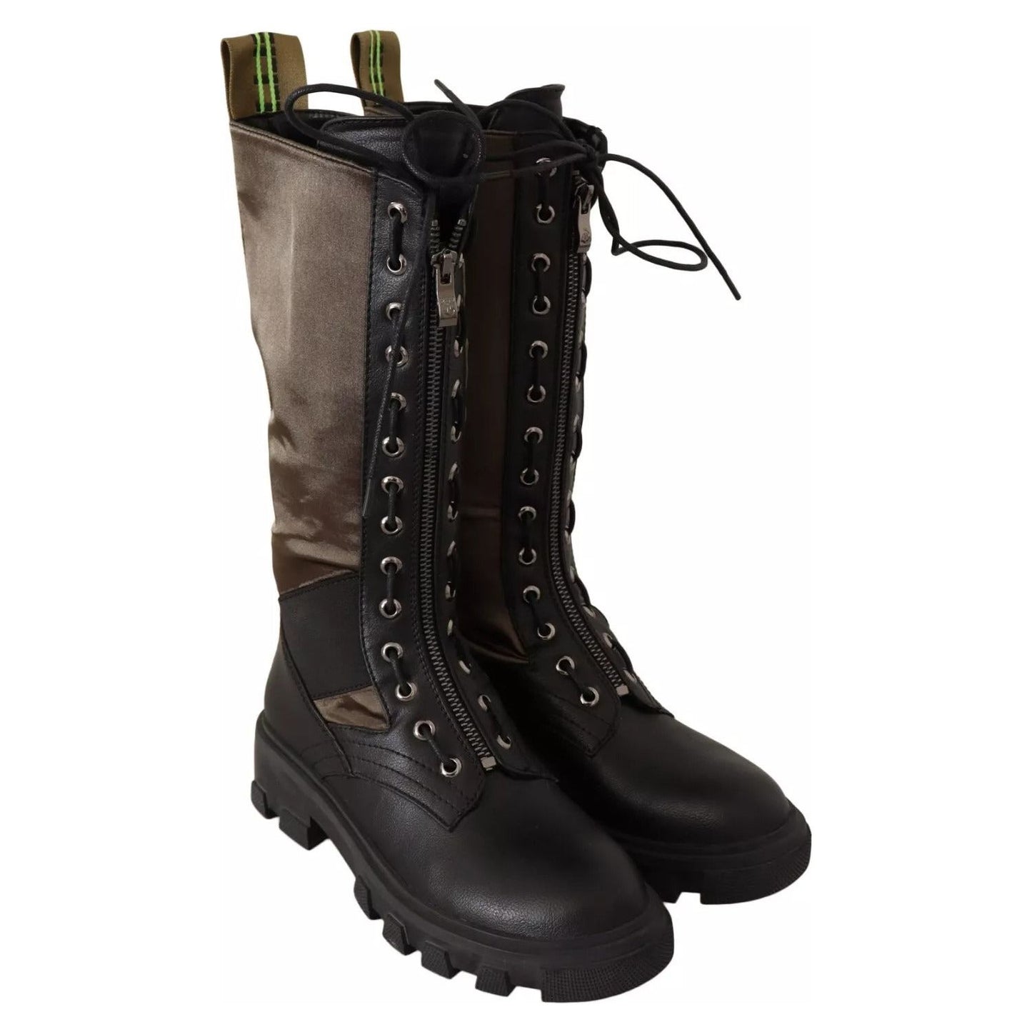 Gaelle Black Green High Combat Boots Lace Up Military Shoes