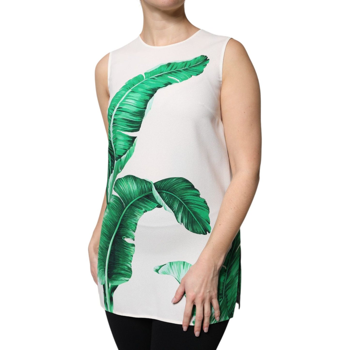 Dolce & Gabbana White Banana Leaf Print Round Neck Tank Top TSH90109-40