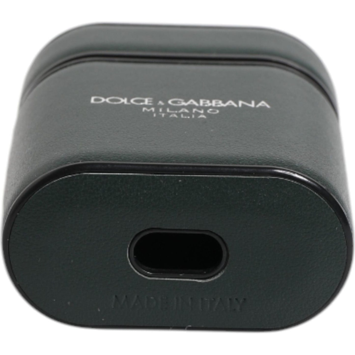 Dolce & Gabbana black calfskin leather AirPods case with logo print, made in Italy, showcasing front view with charging port opening.