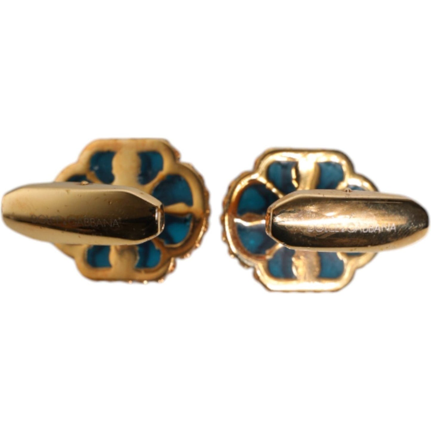 Dolce & Gabbana Gold Brass Blue Enameled Flower Cufflink