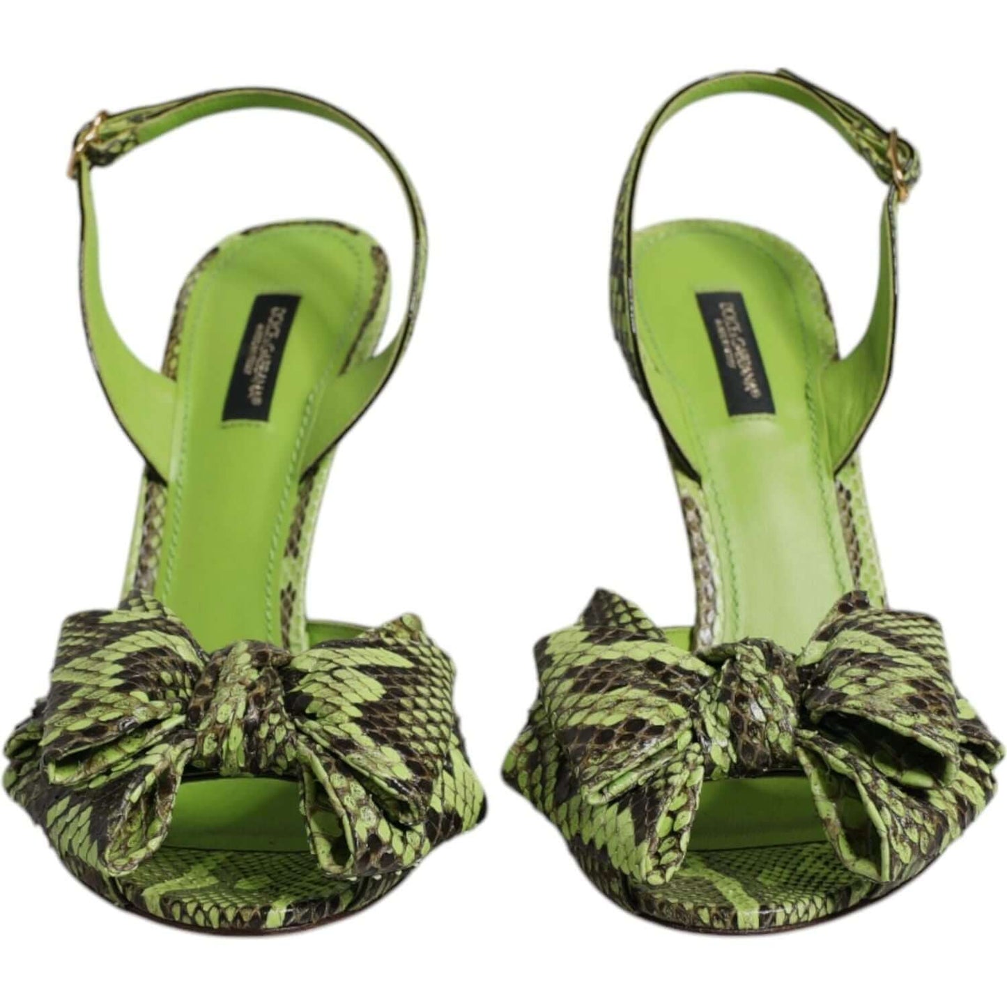 Dolce & Gabbana green python leather sandals with animal print and bow detail, featuring buckle closure and leather sole.