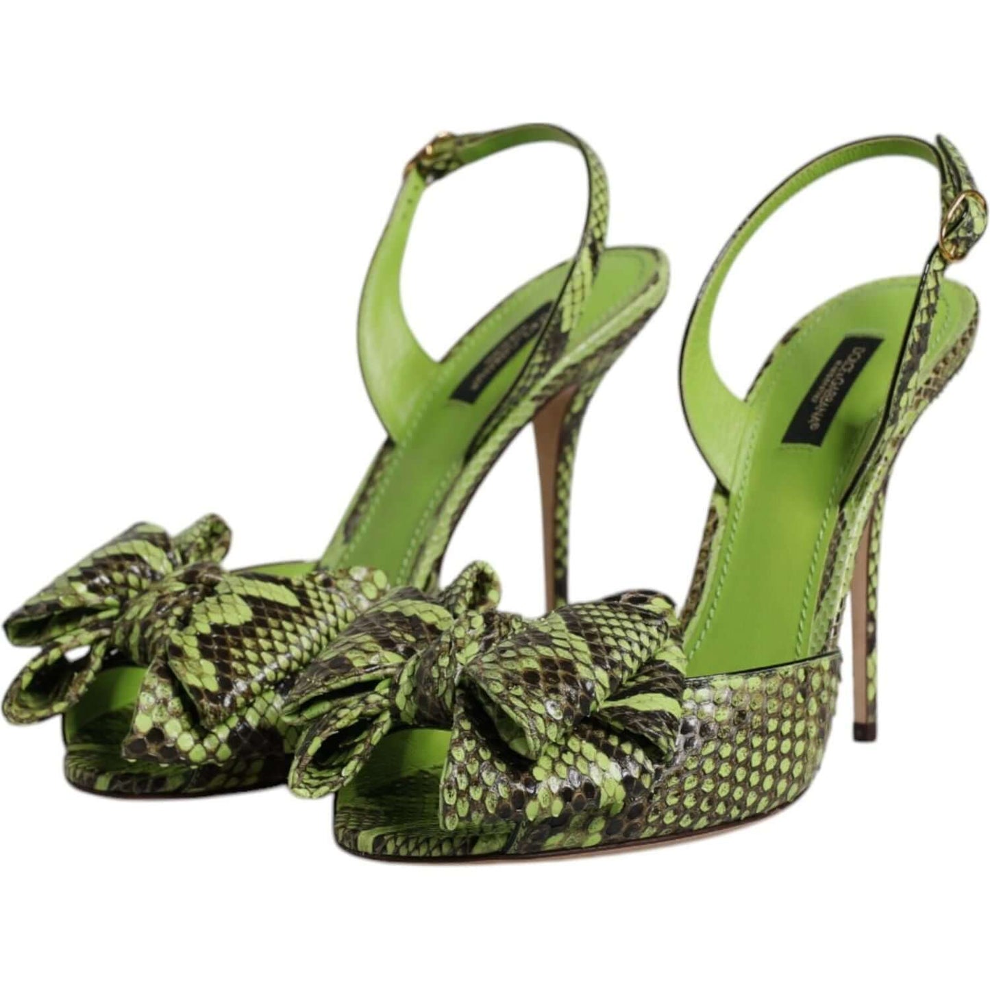 Dolce & Gabbana green python leather heels sandals with buckle closure, animal print design, and logo details, made in Italy.