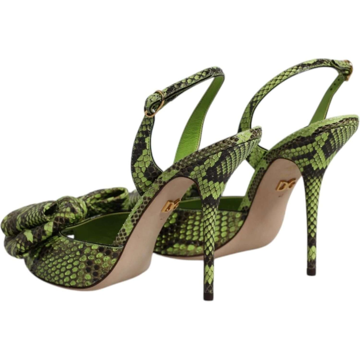 Dolce & Gabbana green python leather high heel sandals with animal print, featuring buckle closure and logo detail.