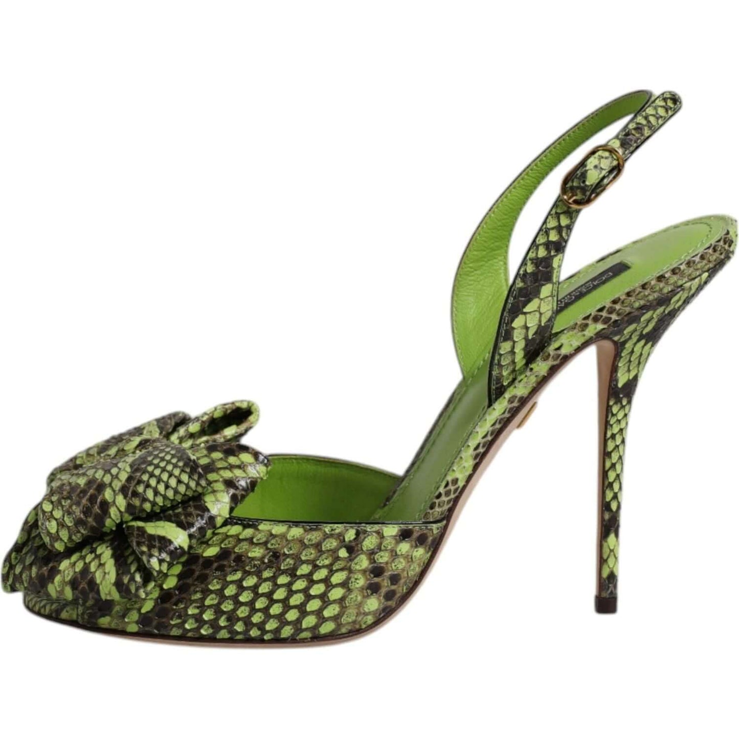 Dolce & Gabbana green python leather high heel sandals with buckle closure and animal print design, made in Italy.