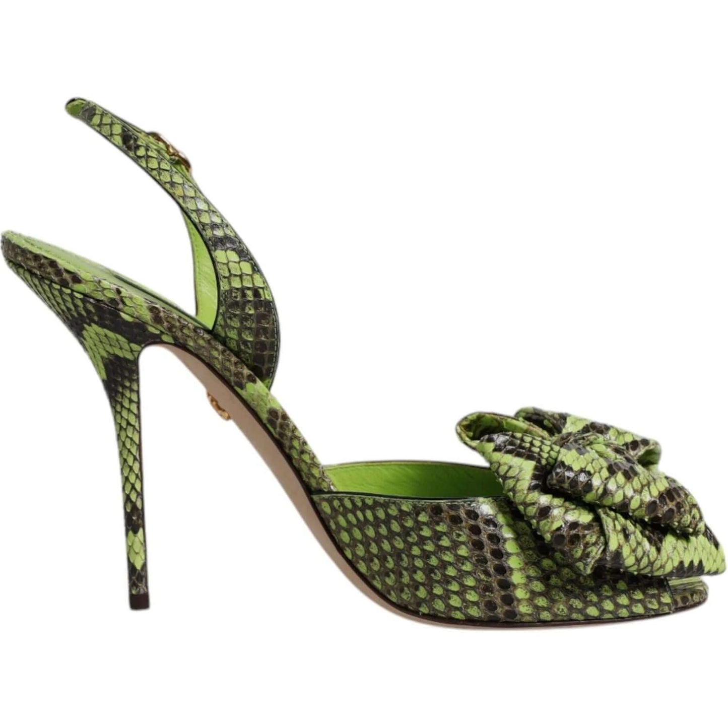 Dolce & Gabbana green python leather high heel sandals with animal print, buckle closure, made in Italy, luxury designer footwear.