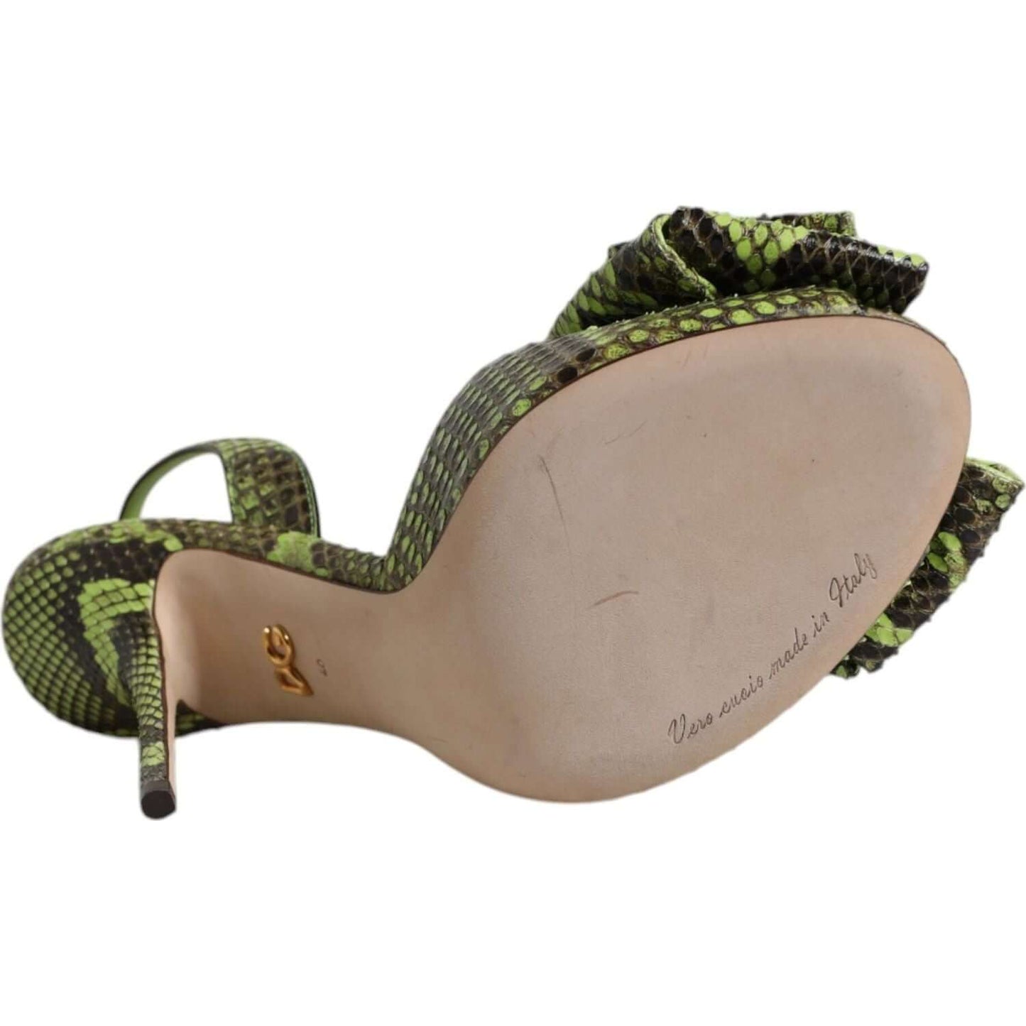 Dolce & Gabbana Green Python Leather Heels Sandals showcasing sole and craftsmanship, Italian made luxury footwear