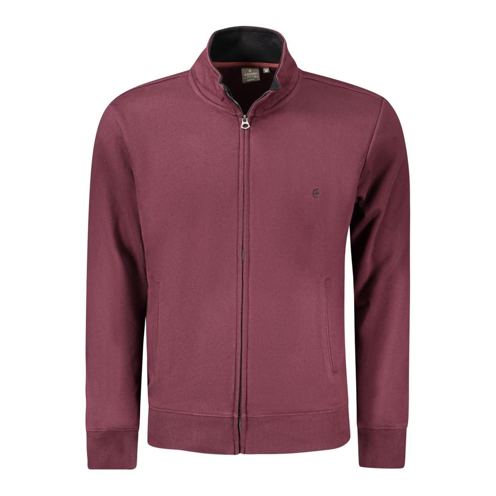 Coveri Moving red cotton men's sweater with long sleeves, dual pockets, chic embroidery, and prominent logo for style and comfort.