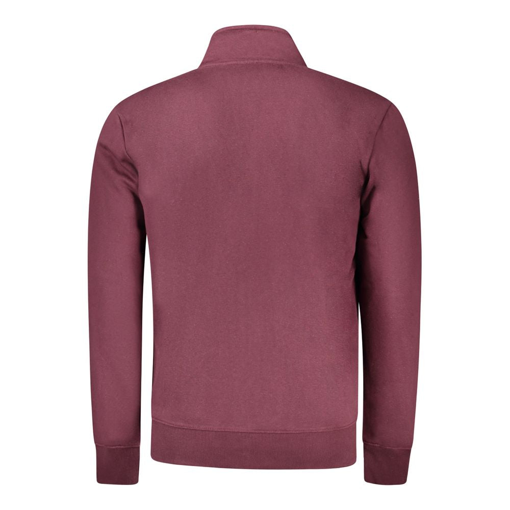 Back view of Coveri Moving red cotton men's sweater with long sleeves, dual pockets, and chic embroidery detailing.