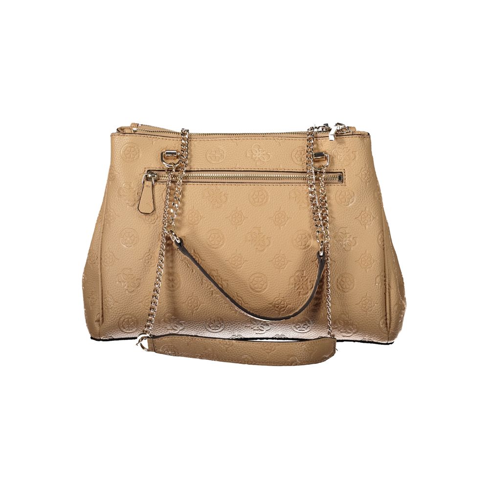 Guess Jeans Beige Polyethylene Women Handbag with chain handles and external pockets, perfect for chic and stylish essentials.