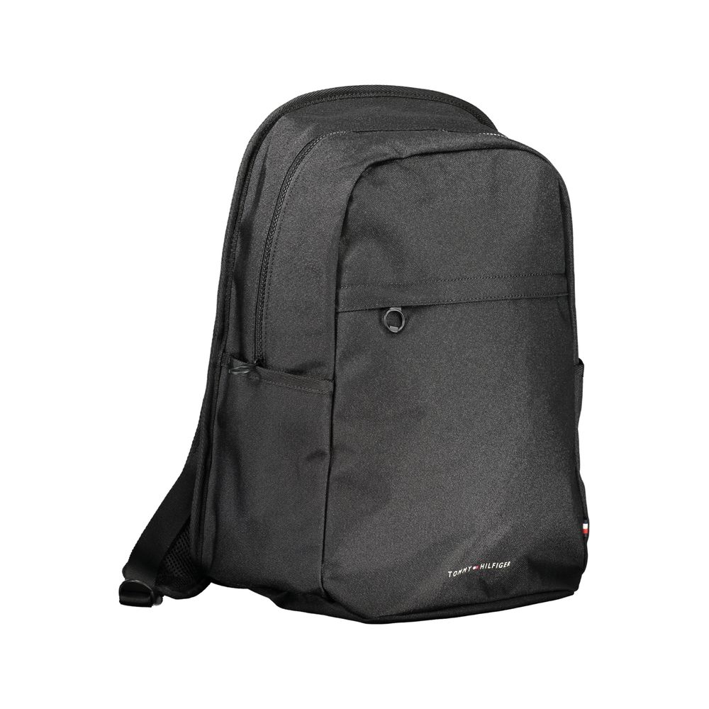 Tommy Hilfiger Black Polyester Backpack with handle, adjustable straps, multiple pockets, and laptop compartment