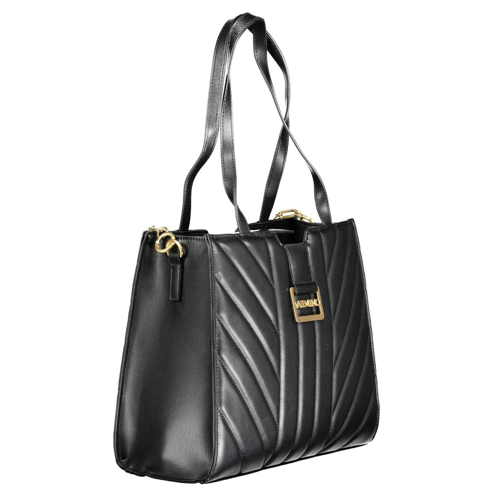 Mario Valentino Black Polyethylene Handbag with dual shoulder handles, removable chain strap, two compartments, and central pocket.