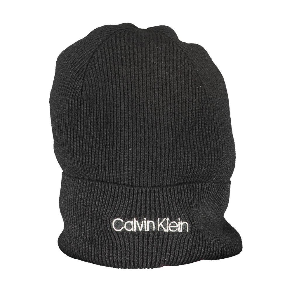 Calvin Klein black wool hat with embroidered logo, eco-friendly design using 55% recycled materials, stylish winter cap.
