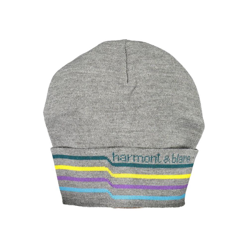 Harmont & Blaine gray wool men cap with multicolor stripes and logo, offering warmth and stylish elegance for modern trendsetters.