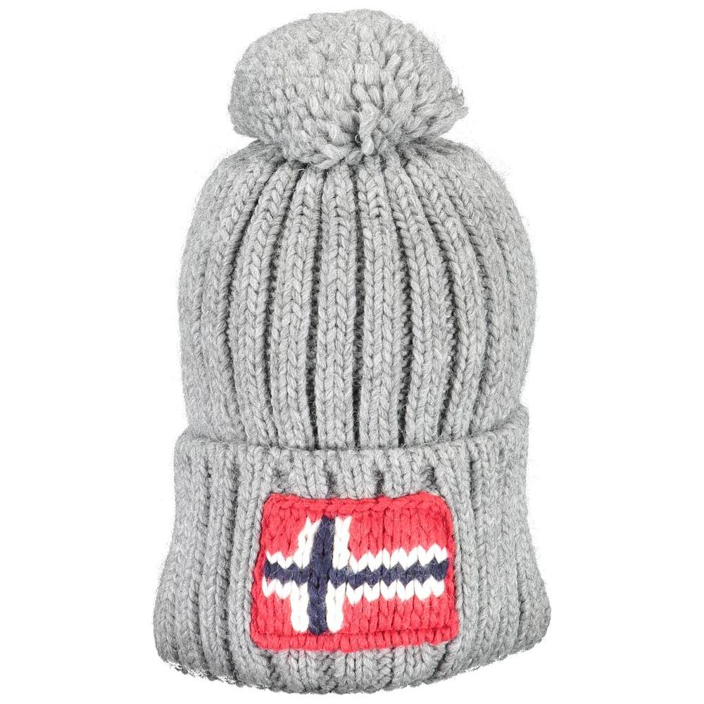 Napapijri gray acrylic men's hat with pompon and embroidered logo, showcasing stylish winter wear and comfort.
