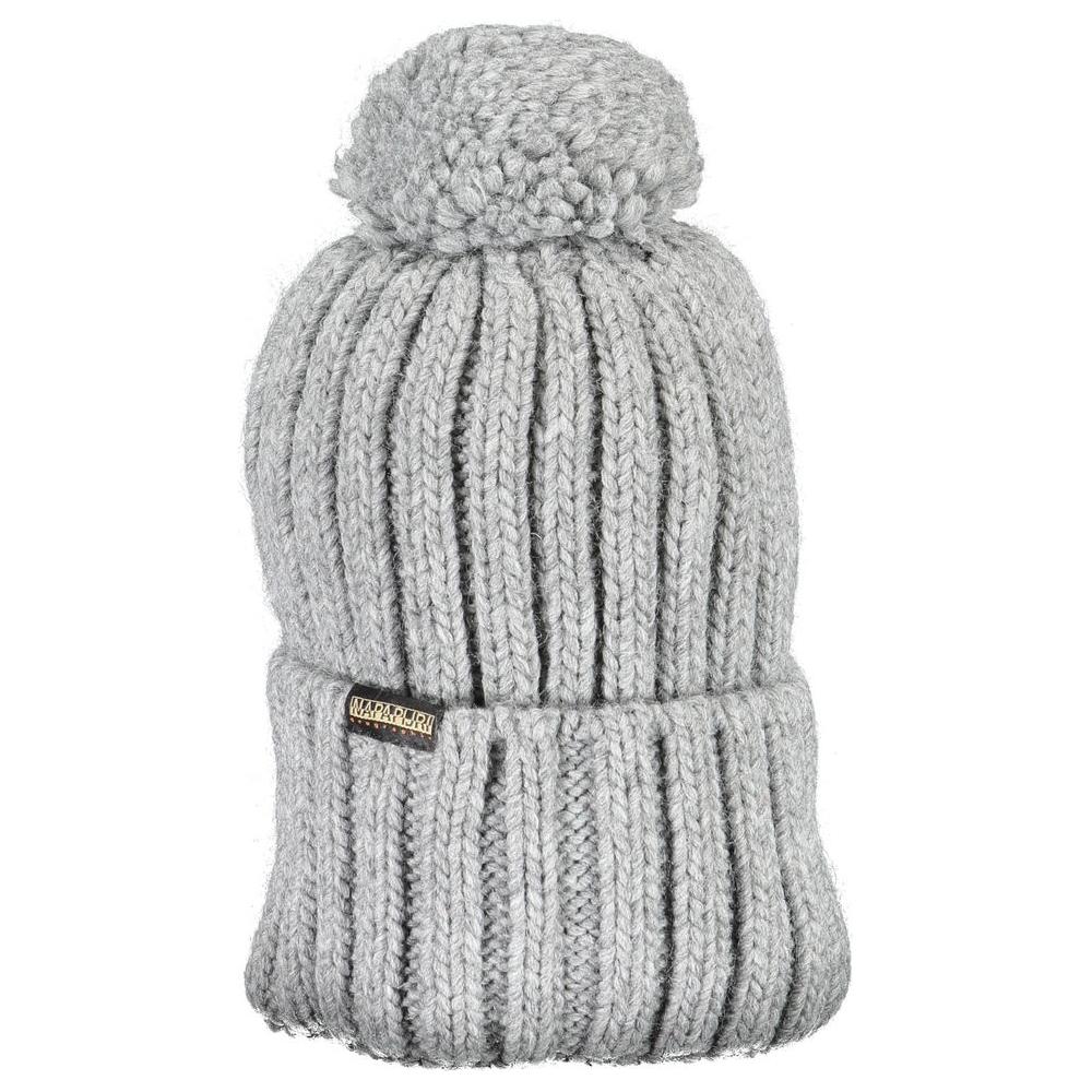 Napapijri gray acrylic men's hat with pompon and logo, showcasing chic winter style and warmth.