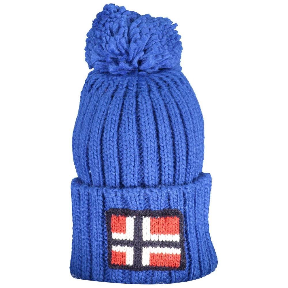 Norway 1963 blue acrylic cap with pompom and embroidered logo, knitted winter hat