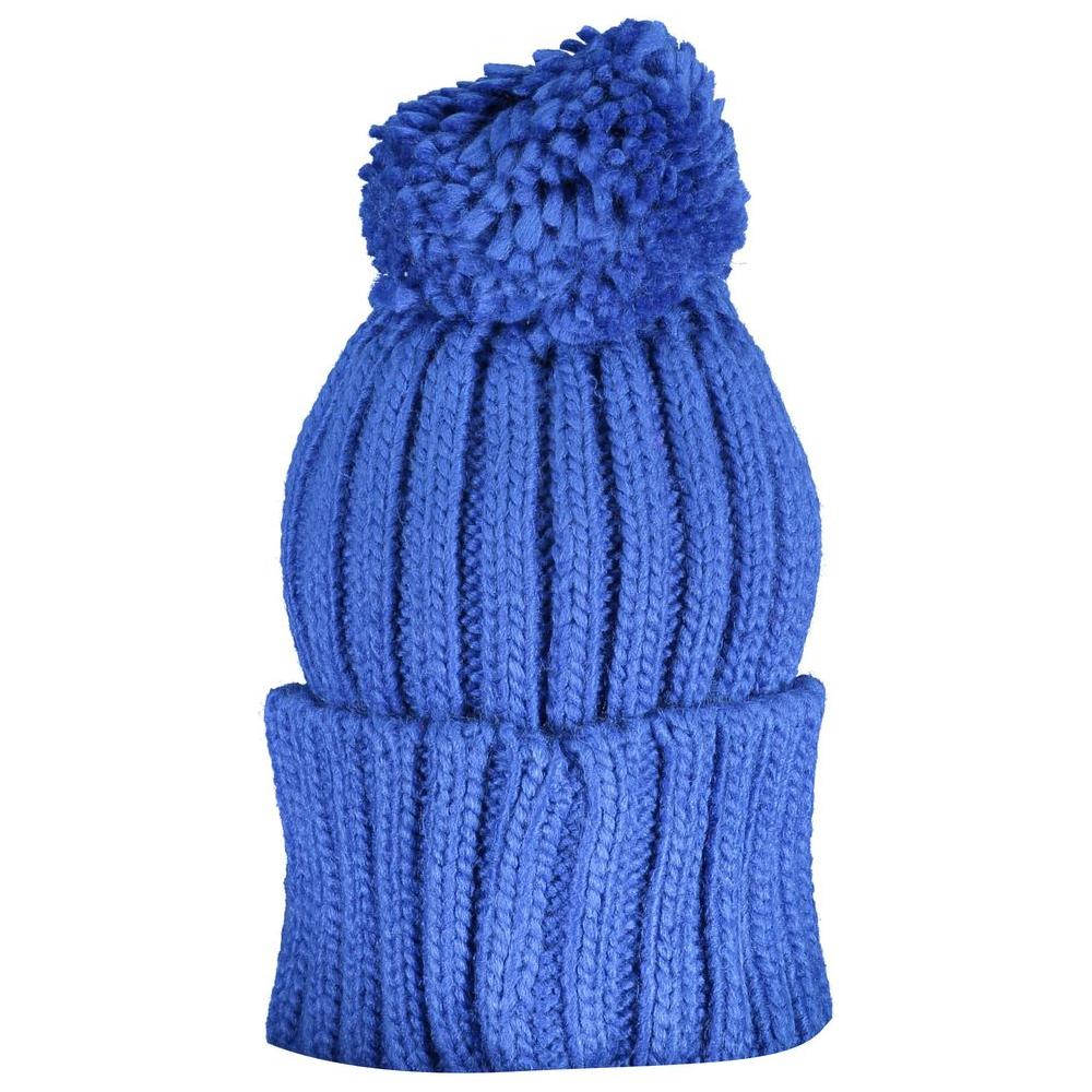 Norway 1963 blue acrylic cap with pompom, featuring stylish embroidery and logo. Perfect winter accessory.