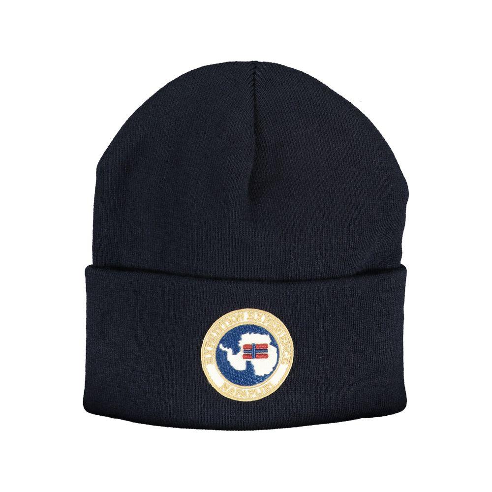 Napapijri blue acrylic hat with logo application, stylish and warm headwear for winter.