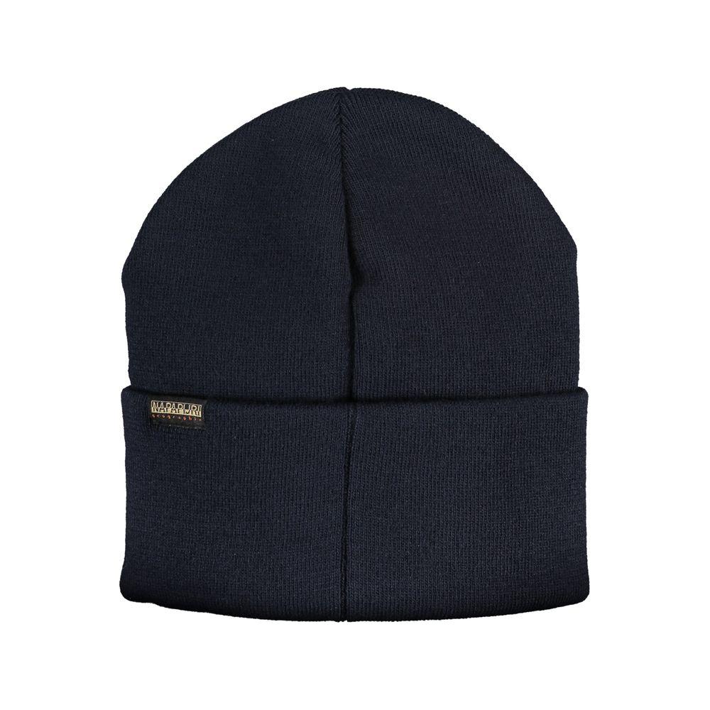 Napapijri blue acrylic hat with logo application, stylish cap for cold weather.