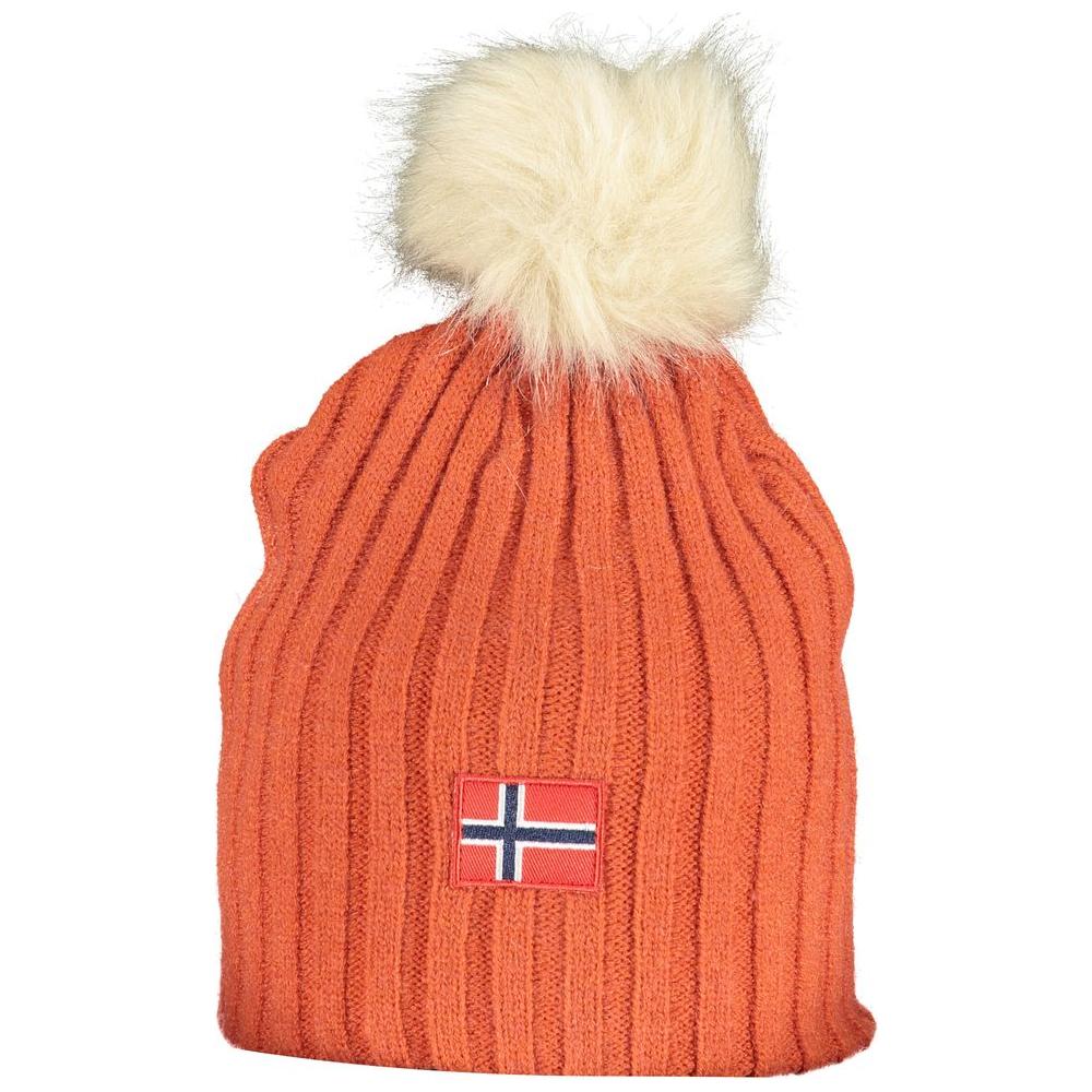 Orange polyester hat with fur pompon, Norway flag logo, 1963 retro style. Cozy winter accessory with unique application.