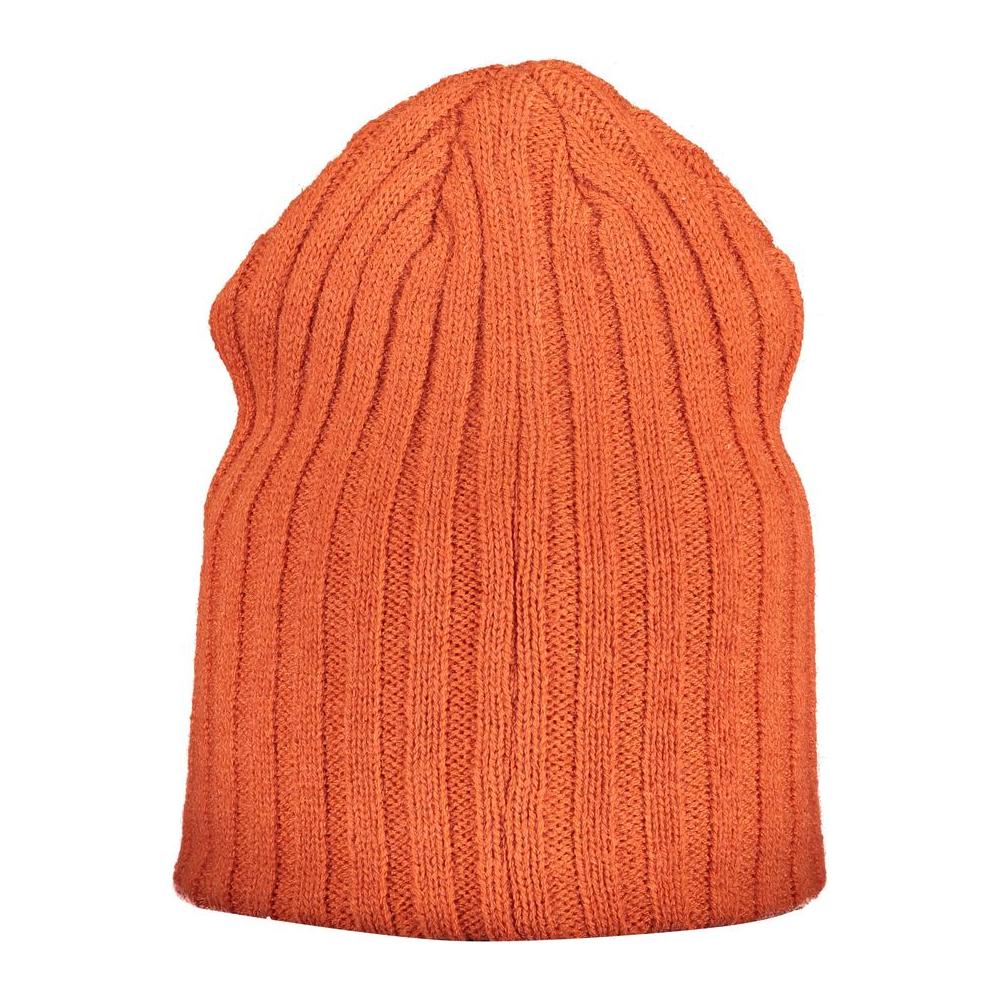 Orange polyester hat from Norway 1963 with logo embroidery, ribbed pattern.