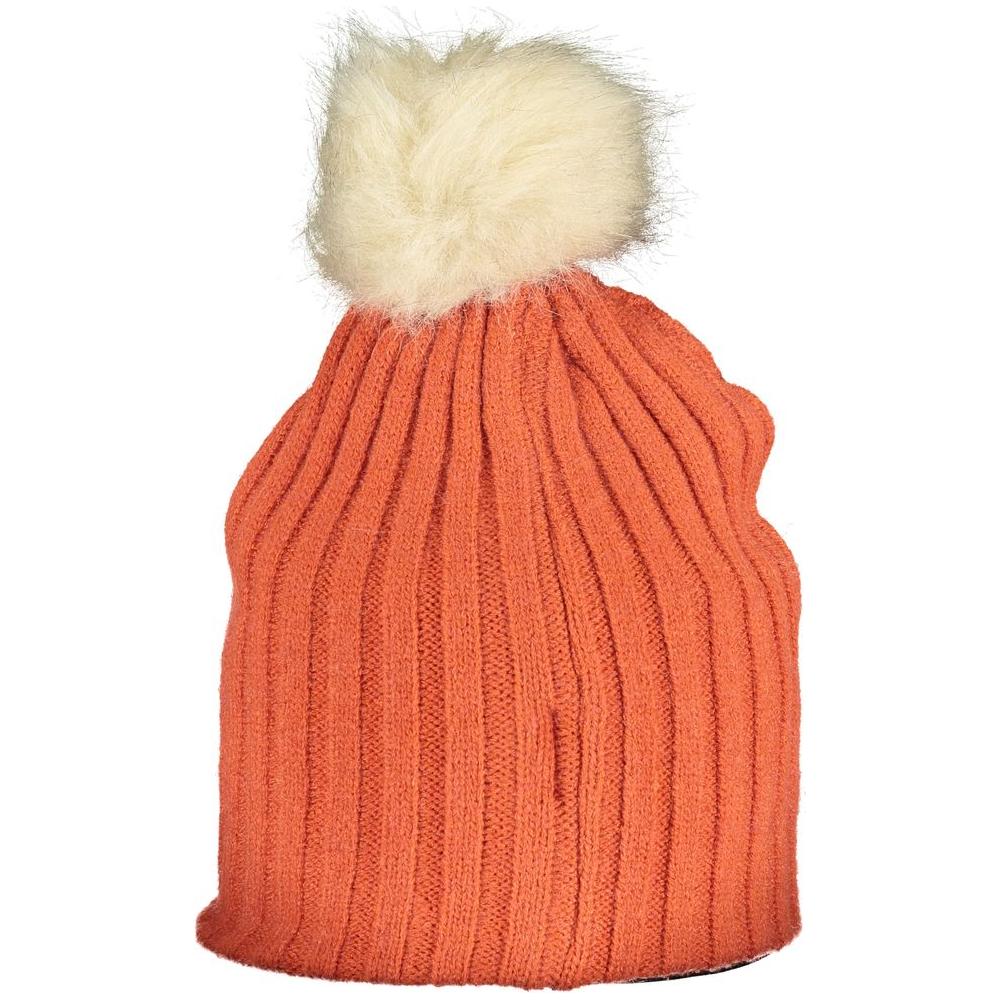 Orange polyester hat with fur pompon and logo, Norway 1963 style