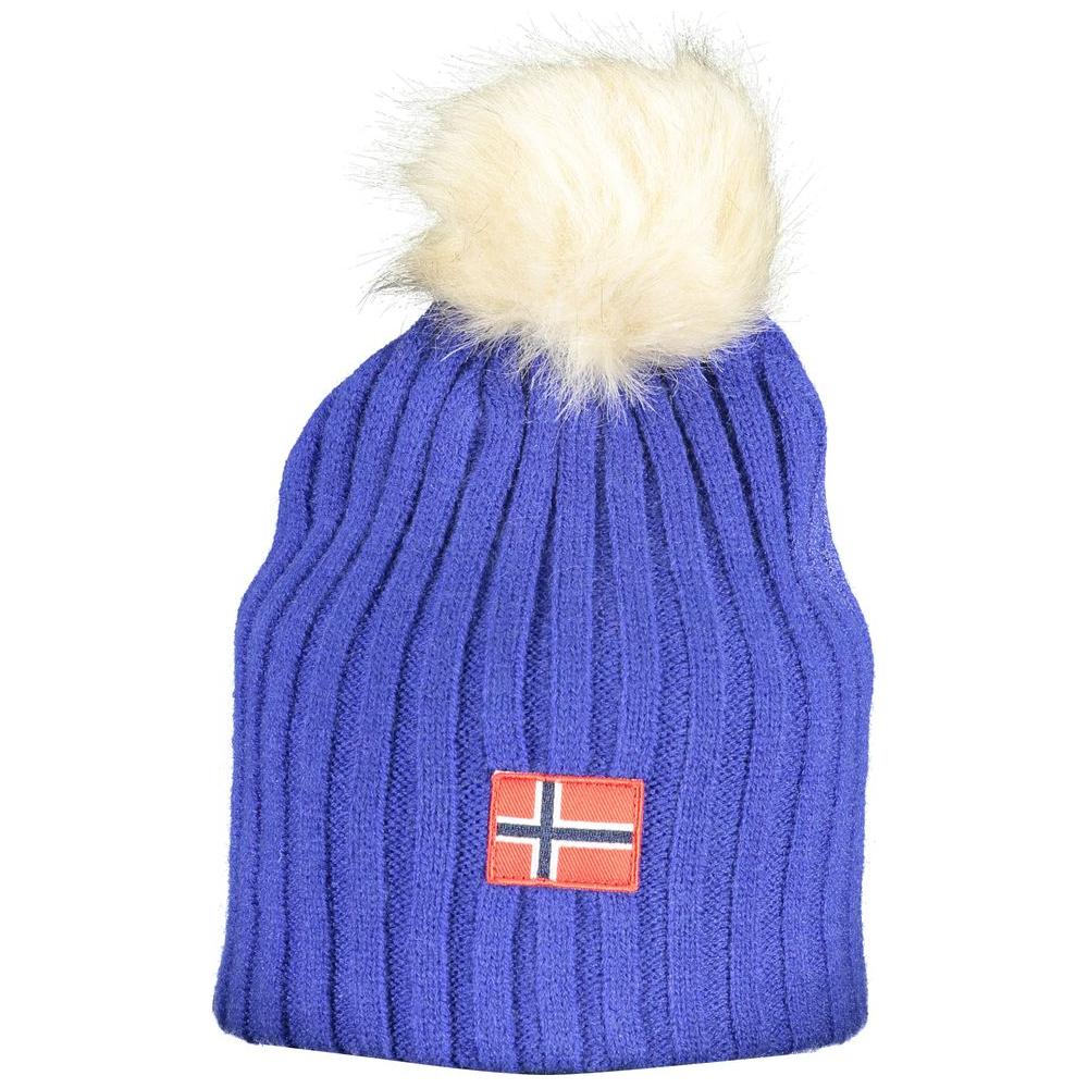 Blue polyester hat with fur pompon and Norway flag logo, 1963 style.