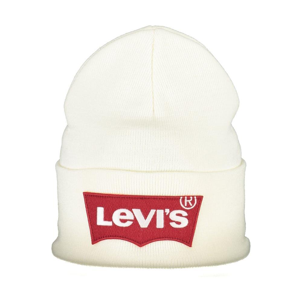 Levi's white acrylic hat with red logo, stylish beanie cap for casual wear.