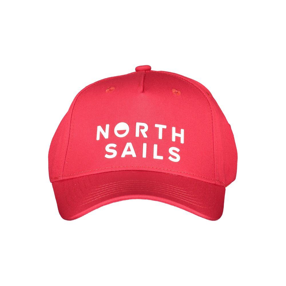 Red North Sails cotton hat with visor, adjustable size M/L, featuring a printed logo, made from organic cotton.