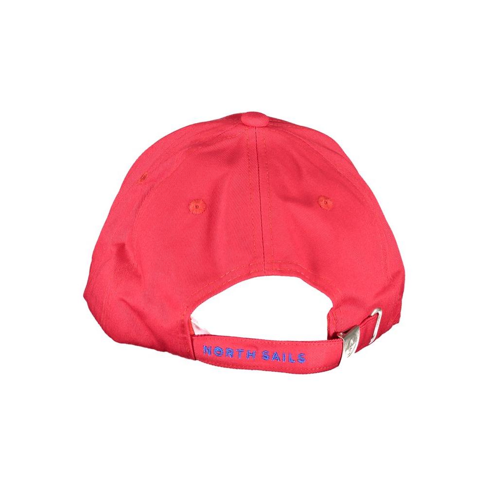 Back view of a red North Sails hat with adjustable strap, featuring embroidered logo and made from organic cotton.