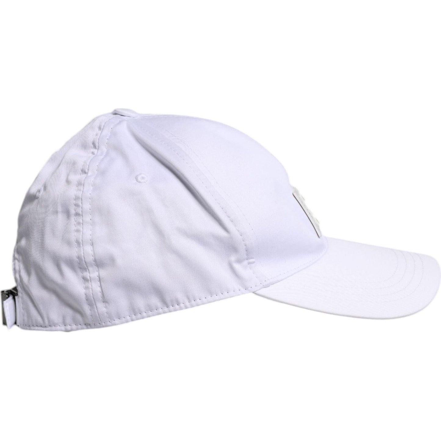 Dolce & Gabbana white baseball cap with DG logo plaque, side view. Made of cotton and elastane, minor stains visible.