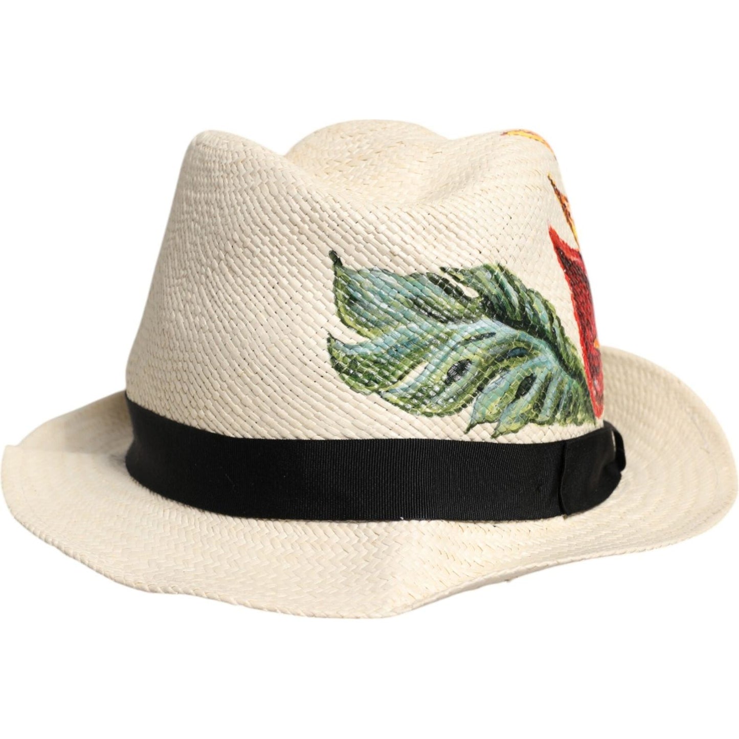Dolce & Gabbana beige floral print straw wide brim fedora hat with black band and colorful leaf embroidery, made in Italy.