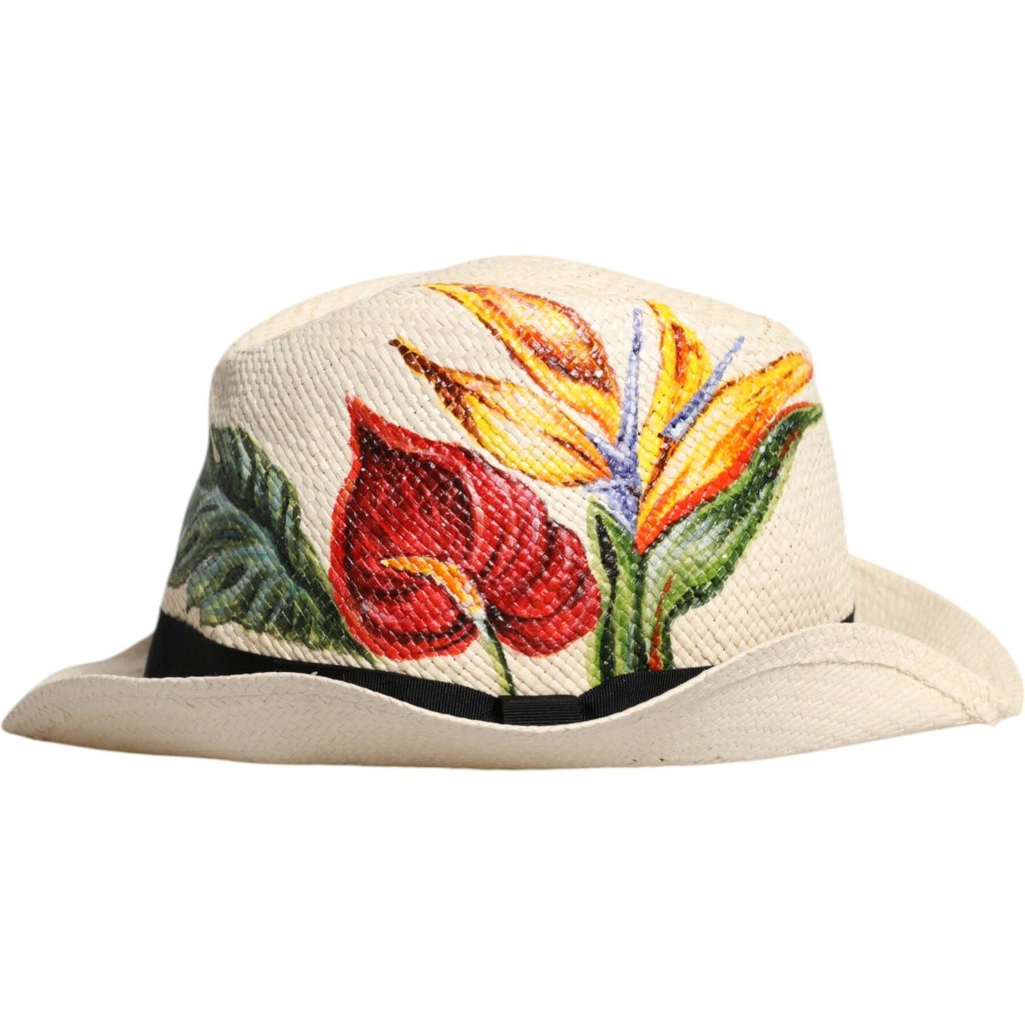 Dolce & Gabbana beige floral print straw fedora hat with wide brim, elegant ivory color, made in Italy, featuring tropical floral design.
