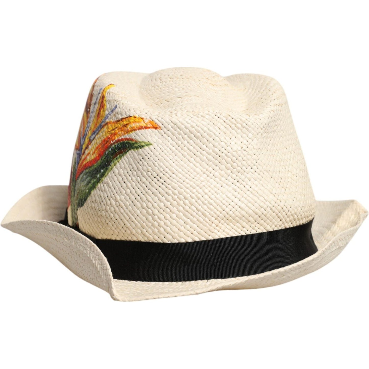 Dolce & Gabbana beige floral straw wide brim fedora hat with black band detail, made in Italy.