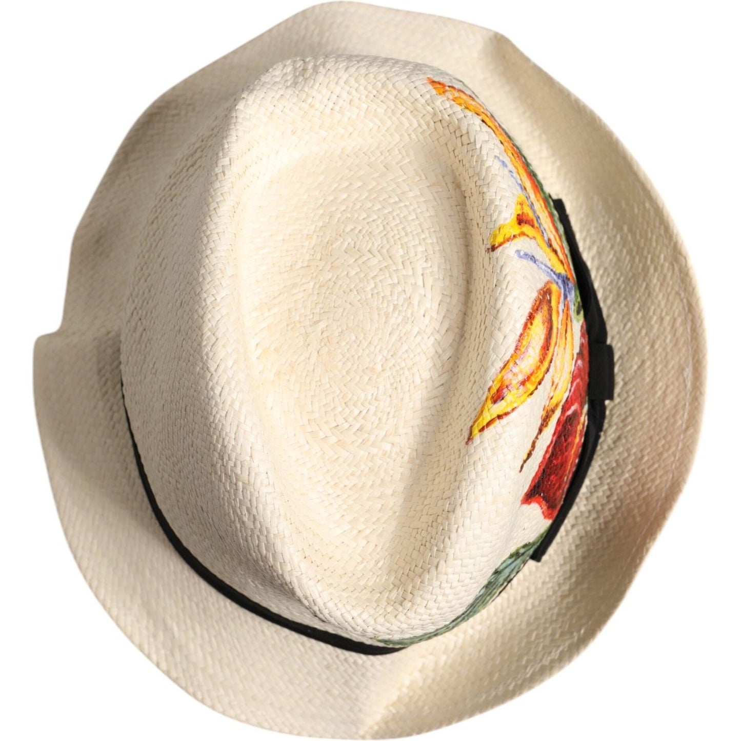 Dolce & Gabbana beige straw fedora hat with floral print, 100% straw, ivory color, made in Italy, men's wide brim, luxury fashion accessory