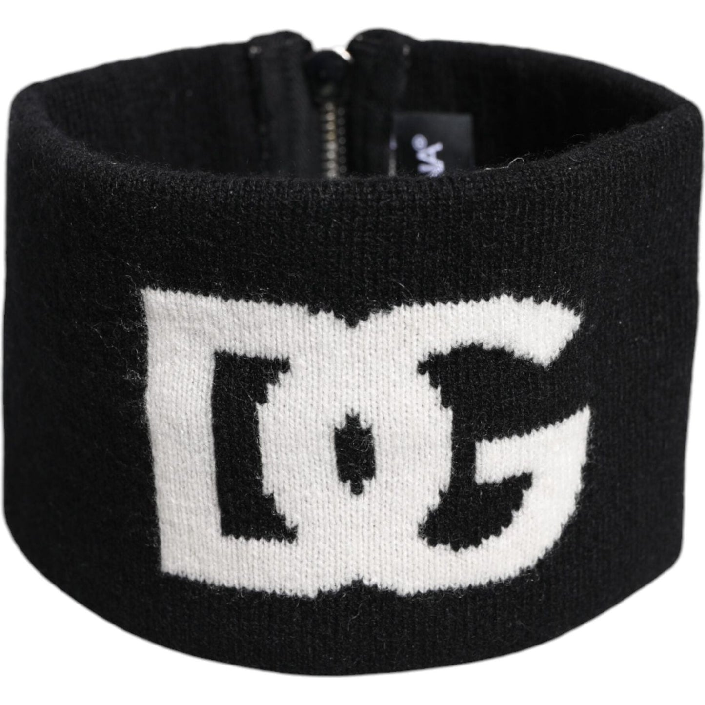 Dolce & Gabbana black and white knitted cashmere headband with zipper closure and logo, made in Italy.