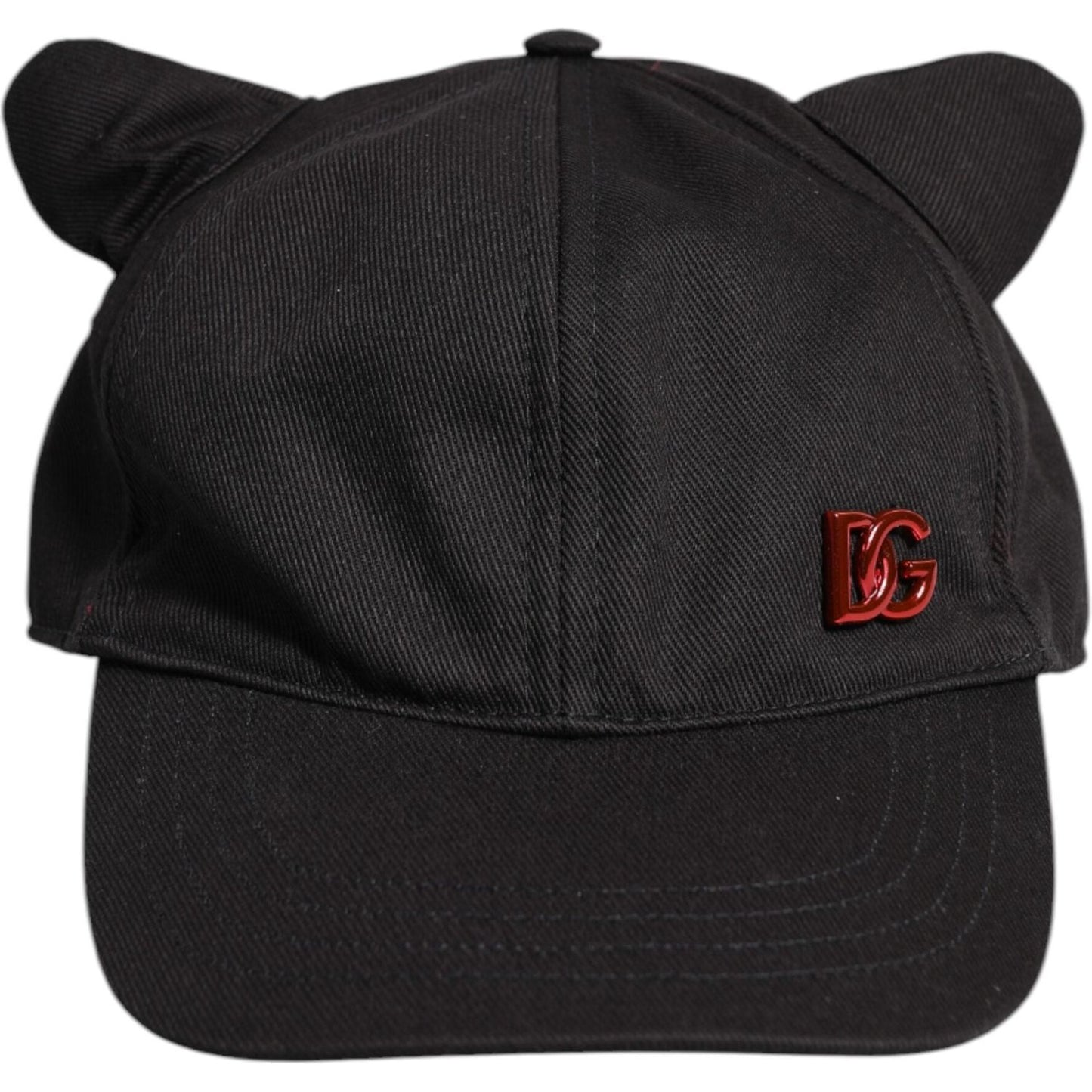 Dolce & Gabbana black cotton baseball cap with logo patch, six panels, and unique cat ear design.