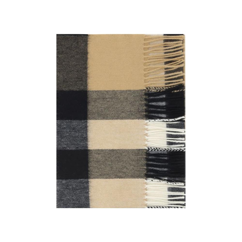 "Burberry cashmere scarf with iconic check archive pattern and frayed hems."